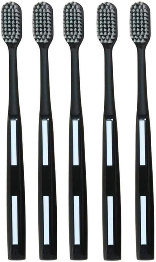 Adult Manual Hard bristled toothbrushes with Cover, Big Head Medium Size,for Cleaning Smoke Stain, Tartar, Coffee Stain, Tea Stain.【Hard Bristle Black,5 Count (Pack of 1)】