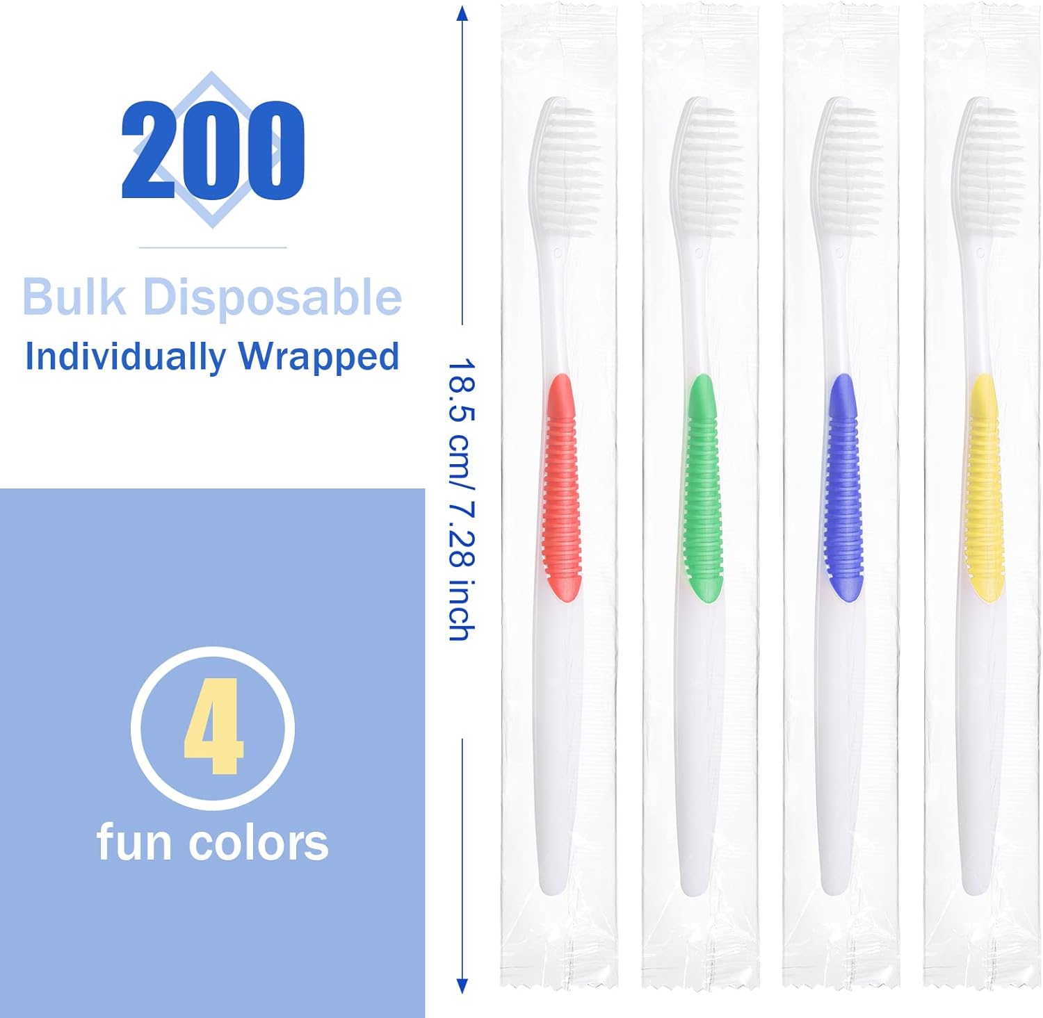 200 Piece Disposable Toothbrushes - Individually Wrapped, Multicolor, Soft Bristle Medium Manual Travel Toothbrushes for Hotel Toiletries - Image 2