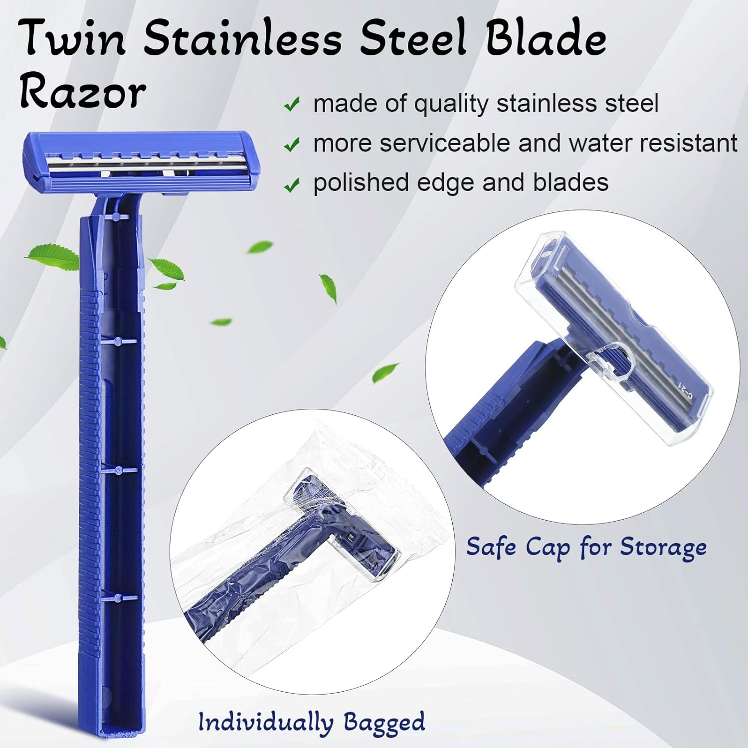 500 Pcs Disposable Twin Blade Razor Shaving Safety Razor for Men Individually Wrapped with Clear Safety Cap Bulk Packed Portable for Hotel Guest House Travel Home Use(Blue) - Image 2