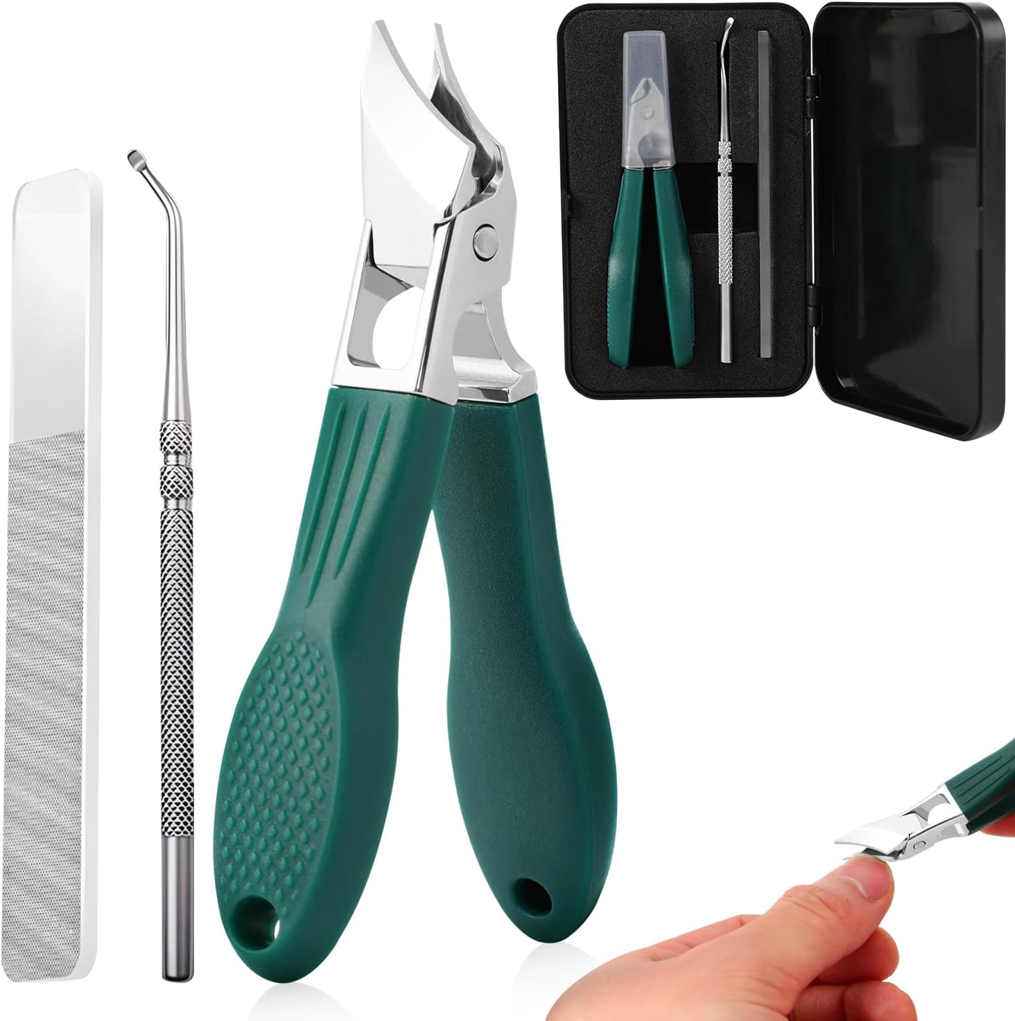 Eagle Beak Beveled Nail Clippers, 3-Piece Set of Wide Jaw Opening Anti-Splash Slanted Nail Clipper, Long Handle Oblique Ingrown Toenails Clipper for Thick Nails, Seniors&Ingrown Care (Green)