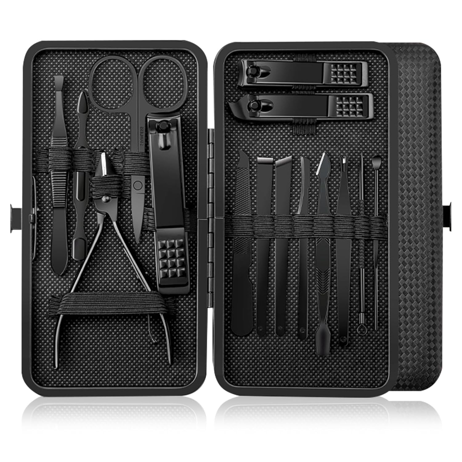 Professional Stainless Steel Nail Clipper Travel & Grooming Kit, 15-Pcs Manicure & Pedicure Set with Luxurious Black/Red Case, Nail Tools for Men & Women, Personal Care, Travel Essentials (Black)