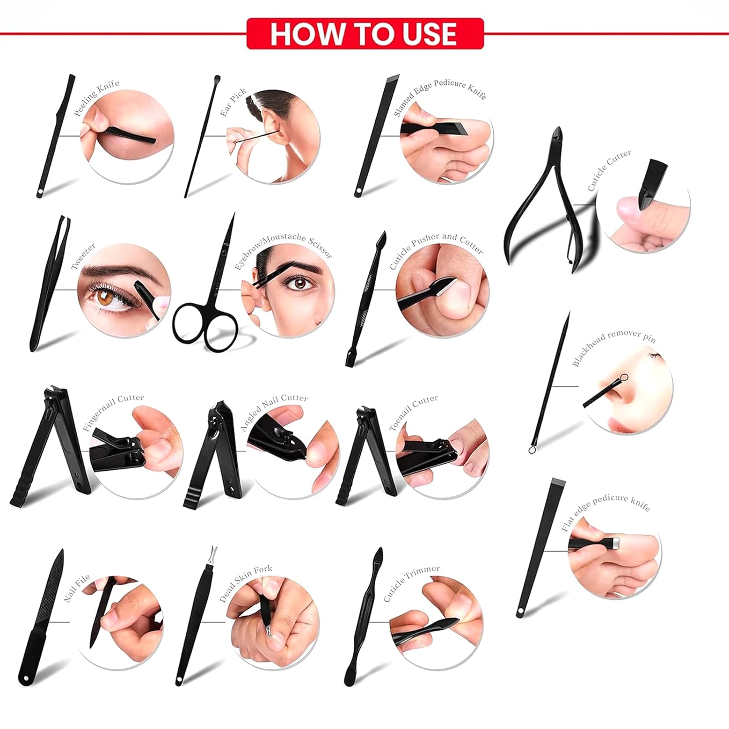 Professional Stainless Steel Nail Clipper Travel & Grooming Kit, 15-Pcs Manicure & Pedicure Set with Luxurious Black/Red Case, Nail Tools for Men & Women, Personal Care, Travel Essentials (Black) - Image 2