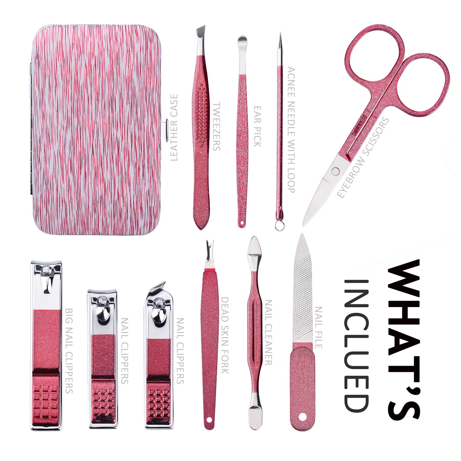 Manicure Set 10 in 1 Stainless Steel, Nail Clippers Scissors Pedicure Tools Kit - Portable Travel Grooming Kit for Men and Women with Leather Case (Rose Red) - Image 2