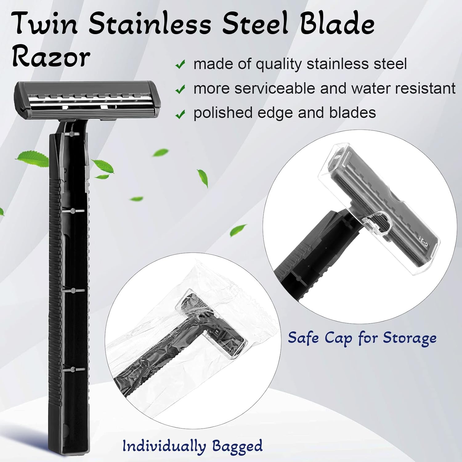 500 Pcs Disposable Twin Blade Razor Shaving Safety Razor for Men Individually Wrapped with Clear Safety Cap Bulk Packed Portable for Hotel Guest House Travel Home Use(Black) - Image 2