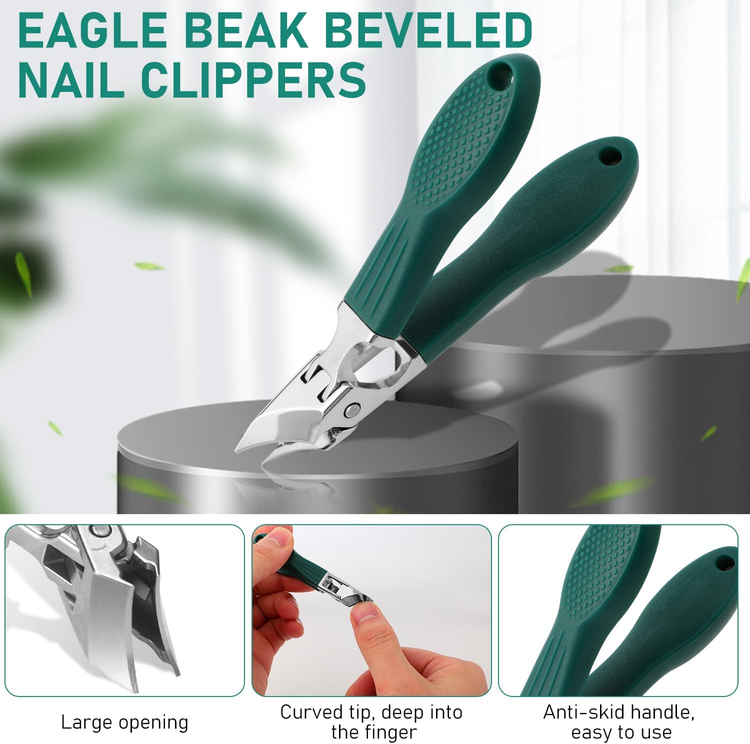 Eagle Beak Beveled Nail Clippers, 3-Piece Set of Wide Jaw Opening Anti-Splash Slanted Nail Clipper, Long Handle Oblique Ingrown Toenails Clipper for Thick Nails, Seniors&Ingrown Care (Green) - Image 2