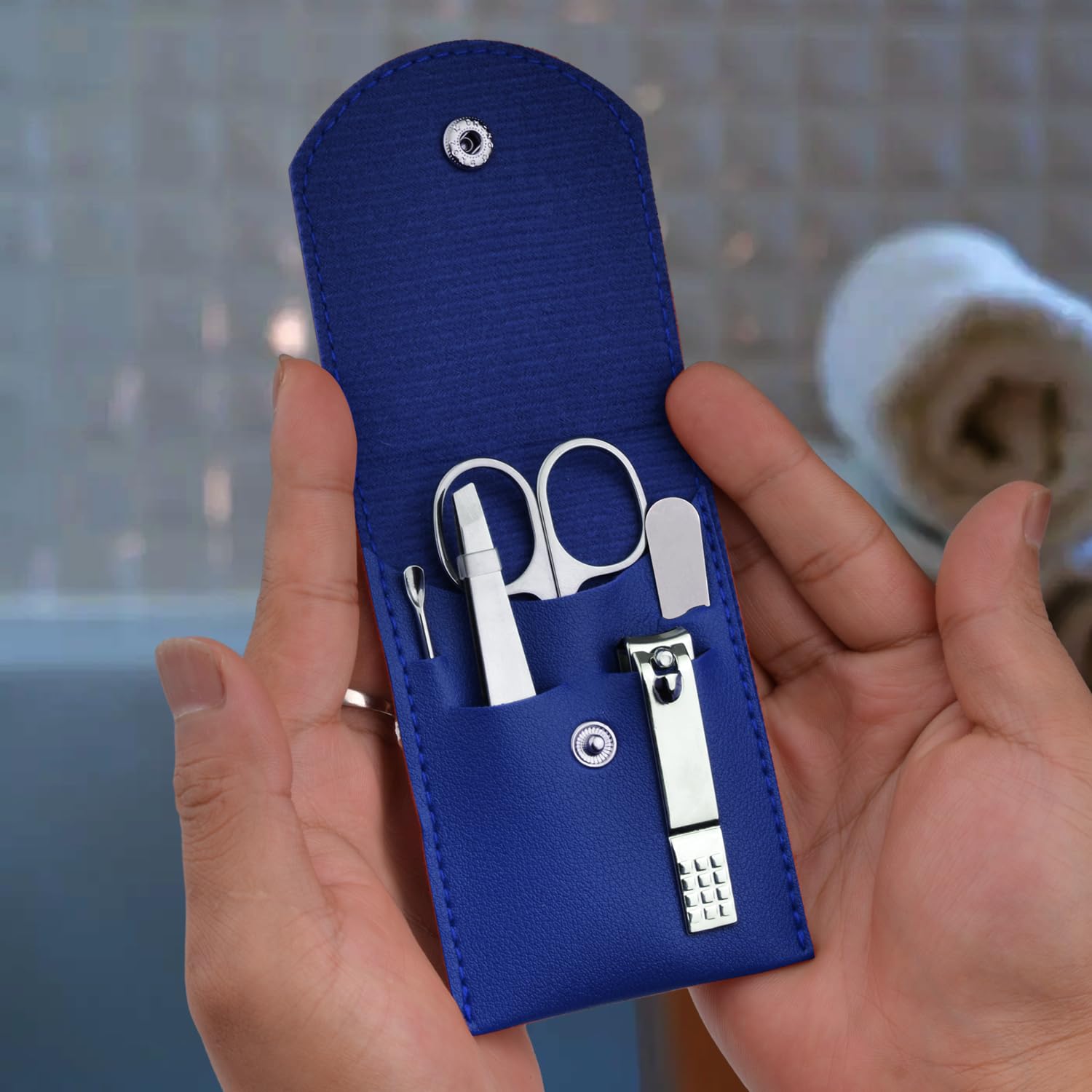 Travel Manicure Set Professional Nail Clipper Kit-5 Pieces Stainless Steel Manicure Kit, Women Men Grooming kit With Nail Care Tools Beauty Scissors Tweezers (Silver Blue) - Image 2